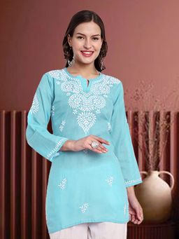 ADA - Hand Embroidered Lucknowi Chikankari Ethnic Motifs Sky Blue Cotton Kurti