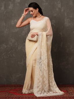 ADA - Embroidered Beige Georgette Lucknow Chikan Saree With Unstitched Blouse (A204436)