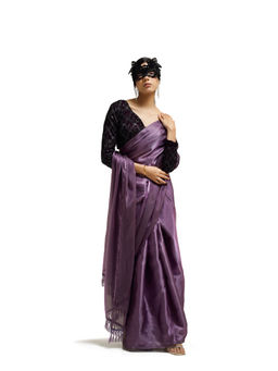 Tikhi Imli - Ready To Wear Purple Organza Saree with Velvet Embroidered Unstitched Blouse