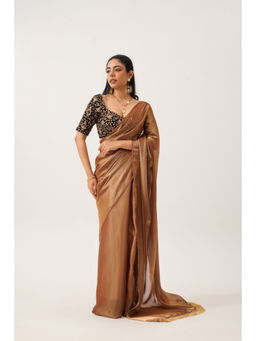 Tikhi Imli - Ready To Wear Golden Color Saree with Velvet Embroidered Unstitched Blouse