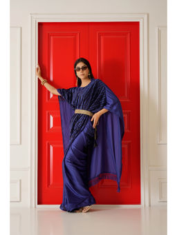 Tikhi Imli - Navy Blue Color Kaftan Velvet Bollywood Saree with Belt & Unstitched Blouse