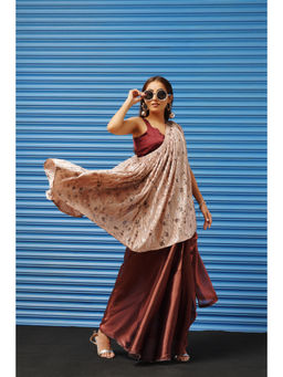 Tikhi Imli - Brown Color Saree with Designer Printed Long Cape & Unstitched Blouse