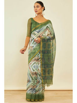 Soch - Womens Olive Chanderi Abstract Print Saree with Unstitched Blouse