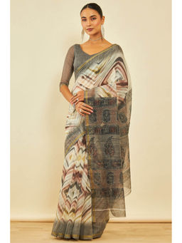 Soch - Womens Grey Chanderi Abstract Print Saree with Unstitched Blouse