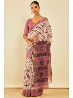 Soch - Womens Onion Pink Chanderi Abstract Print Saree with Unstitched Blouse