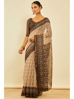 Soch - Womens Brown Chanderi Ikat Print Saree with Unstitched Blouse