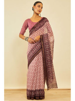 Soch - Womens Pink Chanderi Ikat Print Saree with Unstitched Blouse