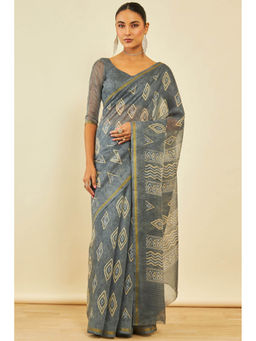 Soch - Womens Grey Chanderi Geometric Print Saree with Unstitched Blouse