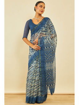 Soch - Womens Indigo Chanderi Abstract Print Saree with Unstitched Blouse