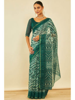Soch - Womens Green Chanderi Abstract Print Saree with Unstitched Blouse