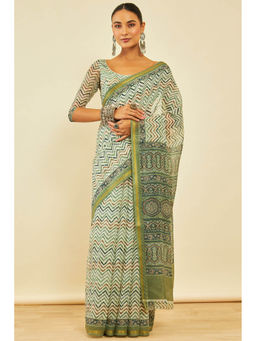 Soch - Womens Olive Chanderi Chevron Print Saree with Unstitched Blouse