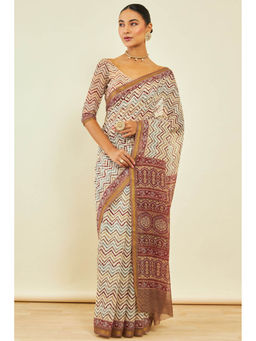 Soch - Womens Brown Chanderi Chevron Print Saree with Unstitched Blouse