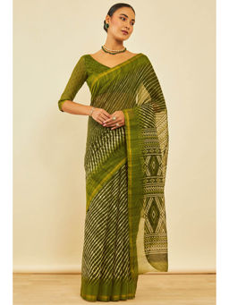 Soch - Womens Green Chanderi Leheriya Print Saree with Unstitched Blouse