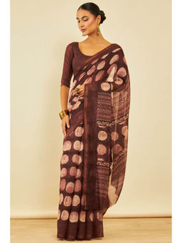 Soch - Womens Brown Chanderi Geometric Print Saree with Unstitched Blouse