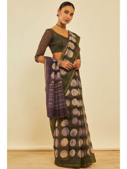 Soch - Womens Green Chanderi Geometric Print Saree with Unstitched Blouse