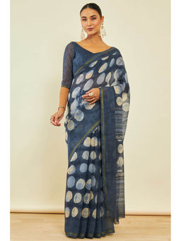 Soch - Womens Blue Chanderi Geometric Print Saree with Unstitched Blouse