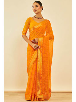 Soch - Womens Mustard Georgette Chevron Print Beads Saree with Unstitched Blouse