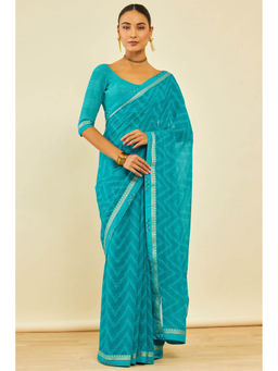 Soch - Womens Turquoise Blue Georgette Chevron Print Sequins Saree with Unstitched Blouse