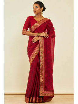 Soch - Womens Maroon Georgette Geometric Print Saree with Unstitched Blouse