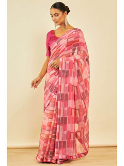 Soch - Womens Onion Pink Chiffon Abstract Print Saree with Unstitched Blouse
