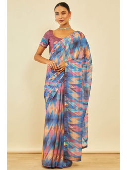 Soch - Womens Turquoise Blue Chiffon Abstract Print Saree with Unstitched Blouse