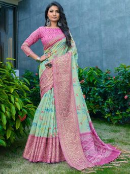 Akhilam - Women's Soft Silk Sea Green Printed Designer Saree With Blouse Piece with Unstitched