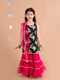 PSPeaches - Girls Green Kurta Sharara (Set of 3)
