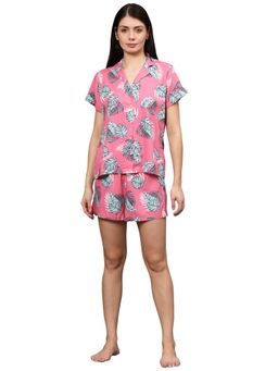 Bstories - Night Suit Shorty Set For Women- Pink Botanical Leaf