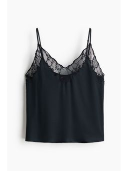 H&M - Women Black Lace-Trimmed Satin Pyjama Top