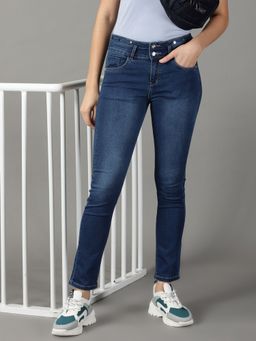 SHOWOFF - Women's Stretchable Clean Look Navy Blue Tapered Fit Jeans