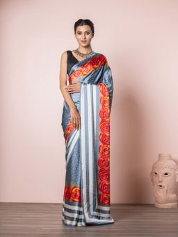 EXCLUSIVA - Grey Satin Crepe Digital Print Saree with Unstitched Blouse