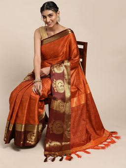 Vastranand - Rust Woven Design Banarasi Saree with Unstitched Blouse