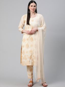 ADA - Hand Embroidered Lucknowi Chikankari Yellow Pure Cotton Unstitched Dress Material [A211139]