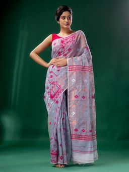 CHARUKRITI - Steel Grey Cotton Silk Handwoven Soft Jamdani Saree without Blouse