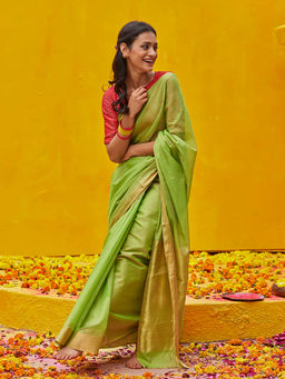WeaverStory - Lime Green Handloom Pure Tissue Silk Chanderi Saree