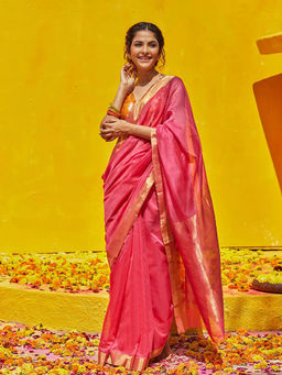 WeaverStory - Handloom Pink Pure Cotton Chanderi Saree With Unstitched Blouse