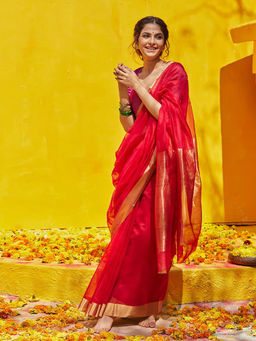 WeaverStory - Handloom Red Pure Cotton Silk Chanderi Saree With Gold Zari Border