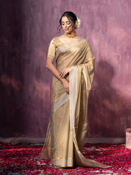 WeaverStory - Handloom Brown Tissue Chanderi Silk Saree With Unstitched Blouse