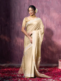 WeaverStory - Handloom Beige Tissue Chanderi Silk Saree With Unstitched Blouse