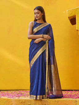WeaverStory - Handloom Dark Blue Pure Cotton Silk Chanderi Saree With Gold Zari Border