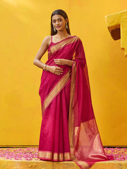 WeaverStory - Rani Pink Handloom Pure Cotton Silk Chanderi Saree With Gold Zari Border