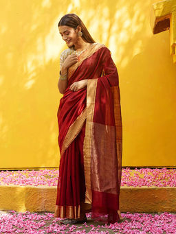 WeaverStory - Maroon Handloom Pure Cotton Silk Chanderi Saree With Zari Border