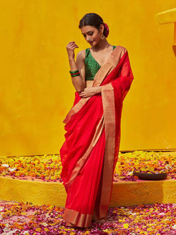 WeaverStory - Red Handloom Pure Cotton Chanderi Saree With Zari Border