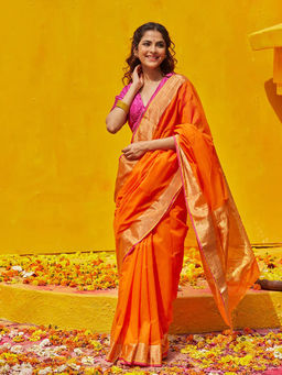 WeaverStory - Orange Handloom Pure Cotton Chanderi Saree With Zari Border