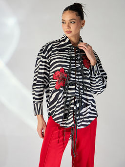 Uptownie - Printed Tie-Up Full Sleeve Sequinned Cotton Shirt