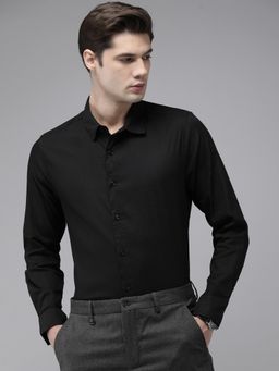 The Bear House - Men Black Self Design Slim Cotton Lycra Formal Shirt