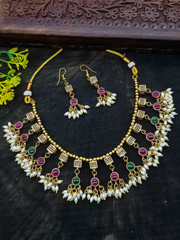 GRIIHAM - Gold Plated Classic Multicolour Floral Necklace Set with Ad Stones