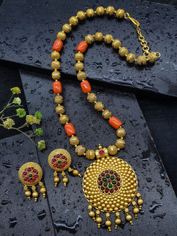 GRIIHAM - Gold Plated In Coral Beads Long Necklace Set