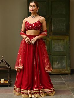 Lavanya The Label - Maroon Gota Lehenga (Set of 3)
