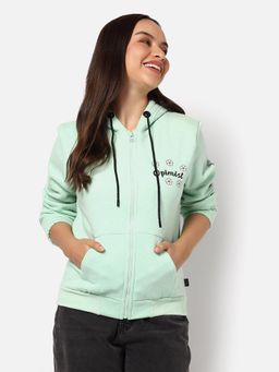 Campus Sutra - Womens Solid Zipper Hoodie Sweatshirt Green